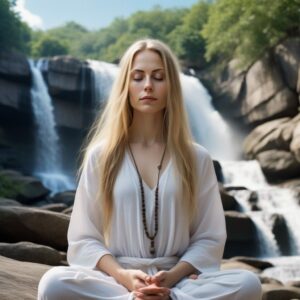 Femme paisible pratiquant le breathwork en méditation devant une cascade, illustrant les techniques de respiration pour la réduction du stress et de l'anxiété. 